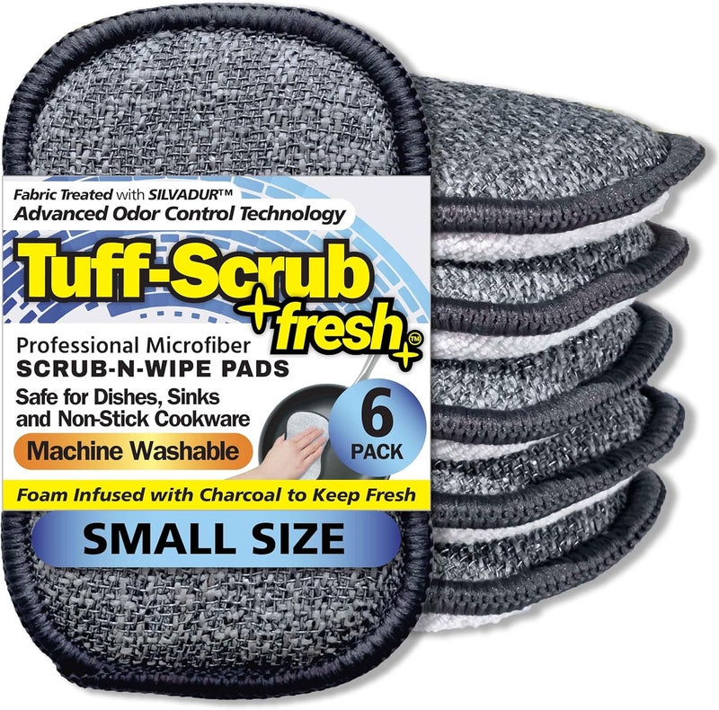TUFF-SCRUB Fresh Scrub-N-Wipe Pad by , 6-Pack, Antimicrobial & Charcoal Foam for Odor Control, Microfiber, Multi-Surface, Non-Scratch, Dual-Sided, Machine Washable, Kitchen Sponge (Small) - Image 1